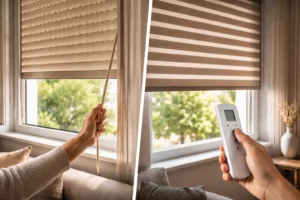 Persianas tradicionales manuales frente a persianas motorizadas en una vivienda moderna