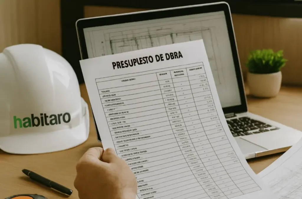 Técnico revisando un presupuesto de obra frente a un portátil con planos y un casco de construcción sobre la mesa.