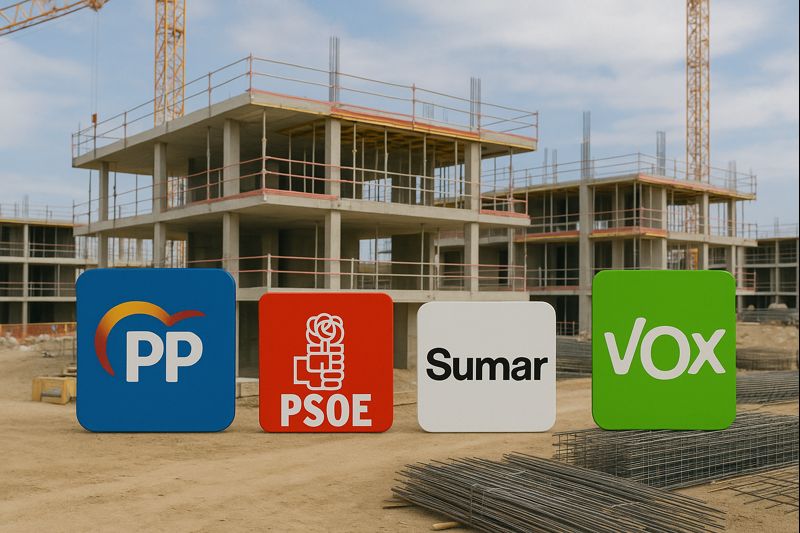 Logos de PP, PSOE, Sumar y Vox frente a una promoción de viviendas en construcción en España