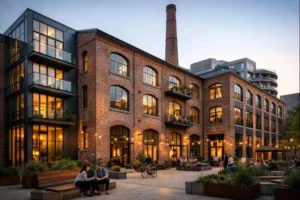 🟢 Texto ALT (SEO + accesibilidad) Edificio industrial reconvertido en viviendas sin demolición mediante reutilización adaptativa