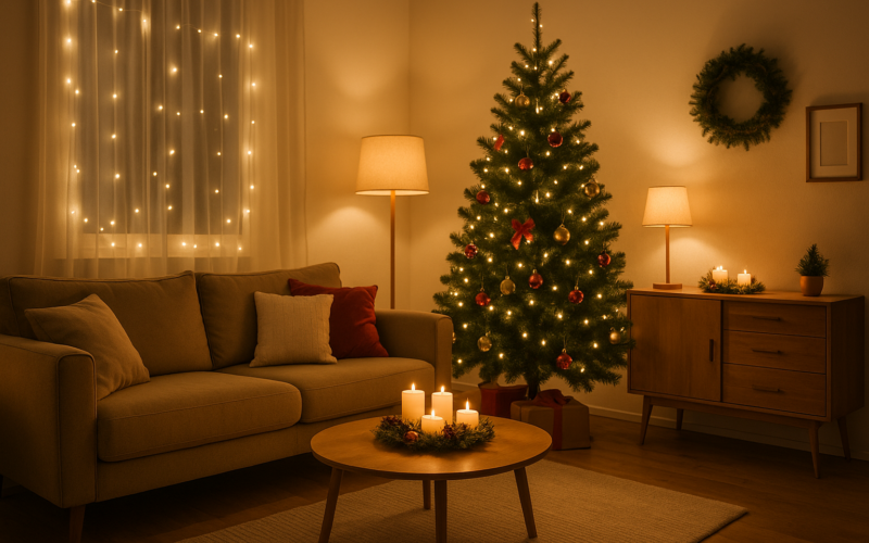 Renovar el salón por menos de 300 euros con decoración navideña e iluminación cálida