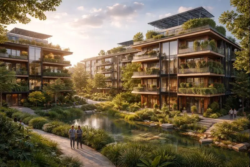 Edificio de arquitectura resiliente con diseño pasivo y vegetación integrada