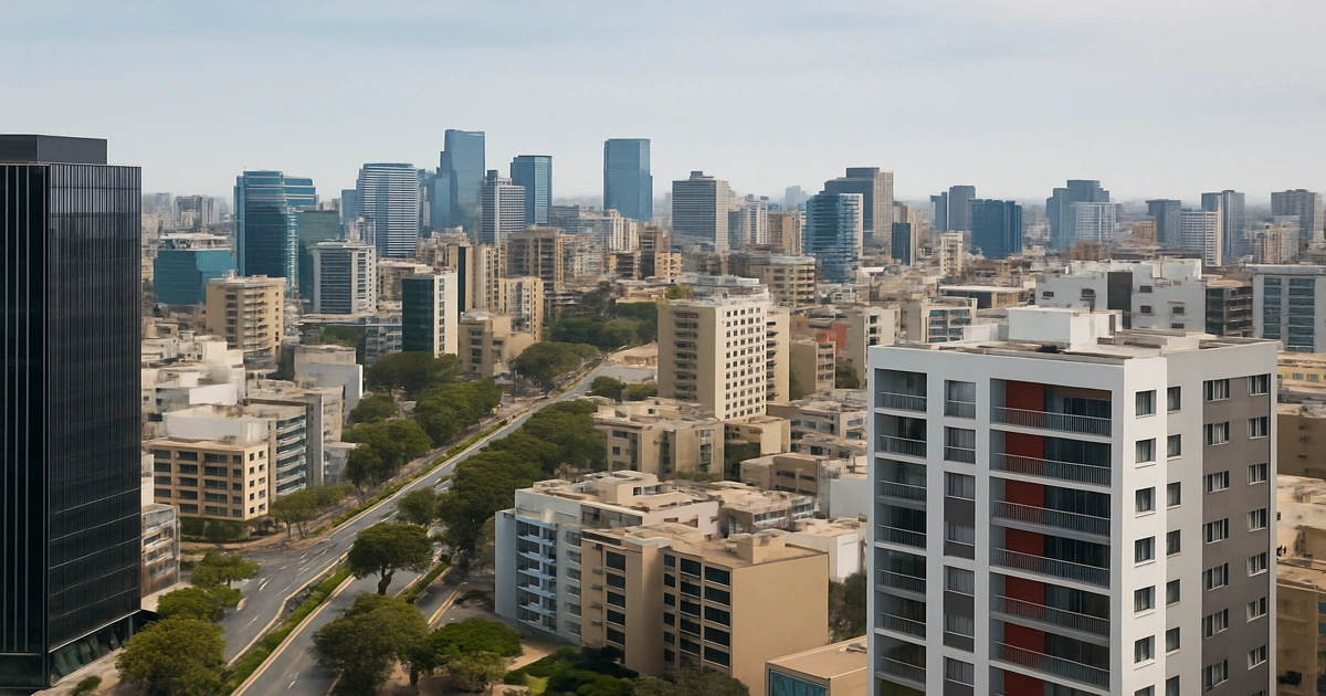 Vista aérea urbana moderna que representa la actualización del Reglamento Nacional de Edificaciones Perú 2026