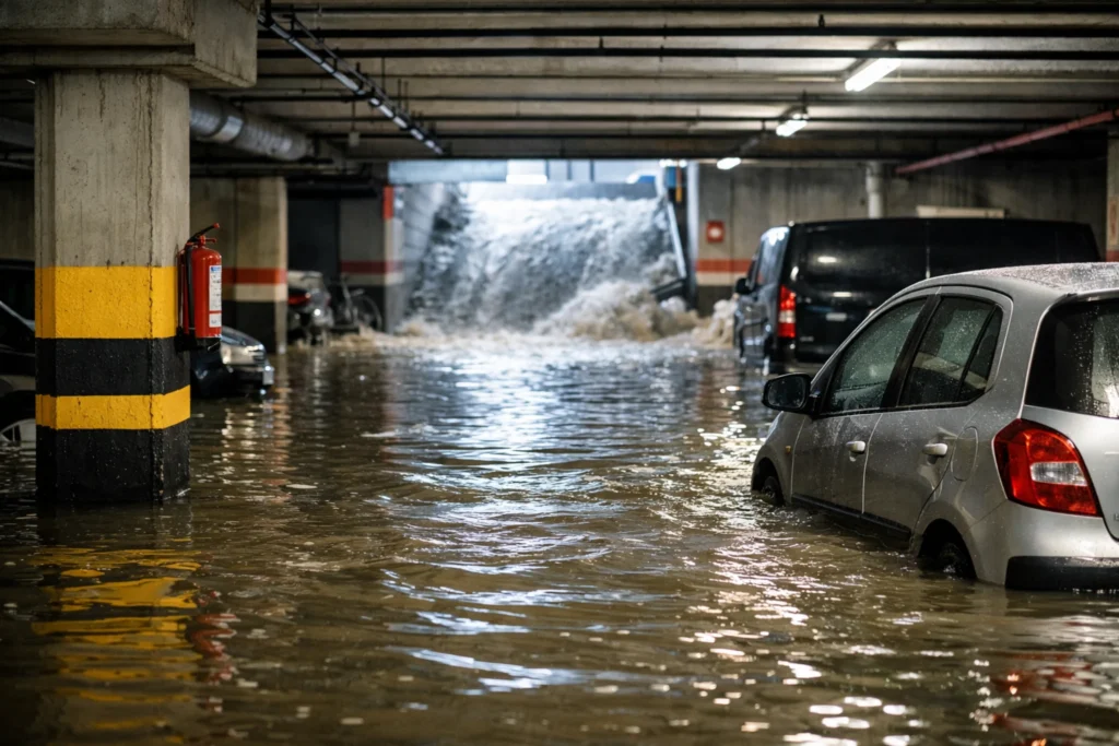 Garaje subterráneo inundado por lluvias intensas en una ciudad española