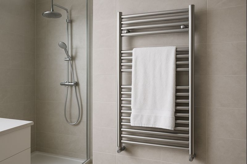 Toallero calefactable de acero inoxidable instalado en un baño moderno durante el invierno