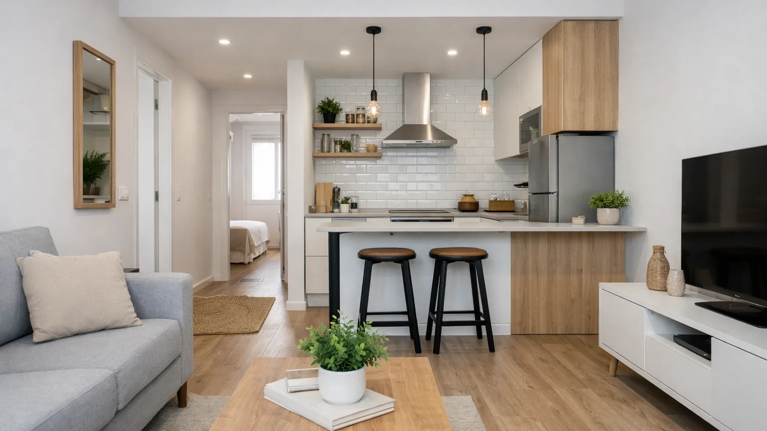 Interior de vivienda lista para entrar a vivir reformada con cocina abierta y salón moderno