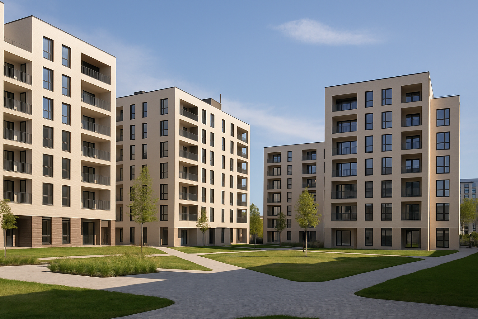 Conjunto de edificios residenciales modernos con zonas verdes, representando el concepto de Casa 47