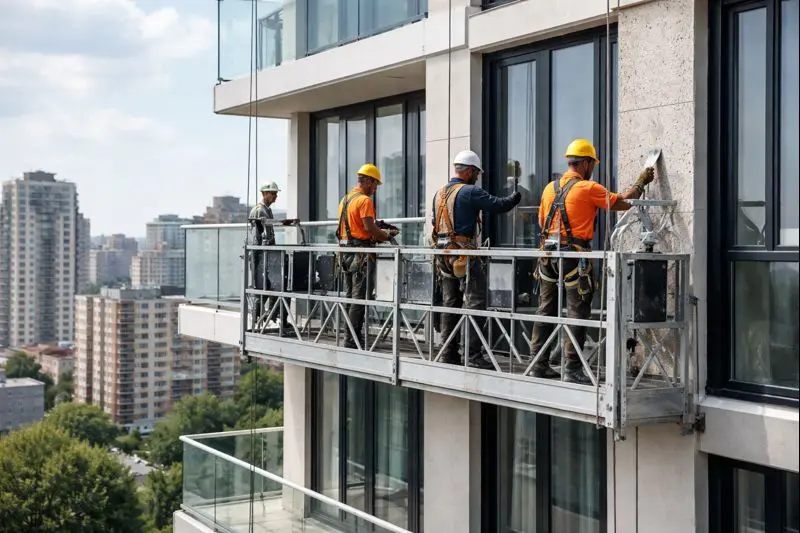 Trabajadores en andamio colgado realizando trabajos en altura sobre la fachada de un edificio