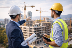 Arquitecto y arquitecto técnico coordinando la dirección de una obra de vivienda