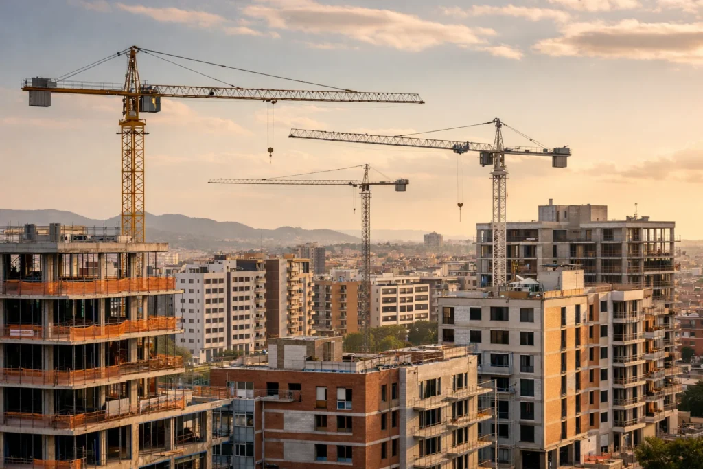 Crisis del mercado inmobiliario en España con edificios en construcción y grúas urbanas