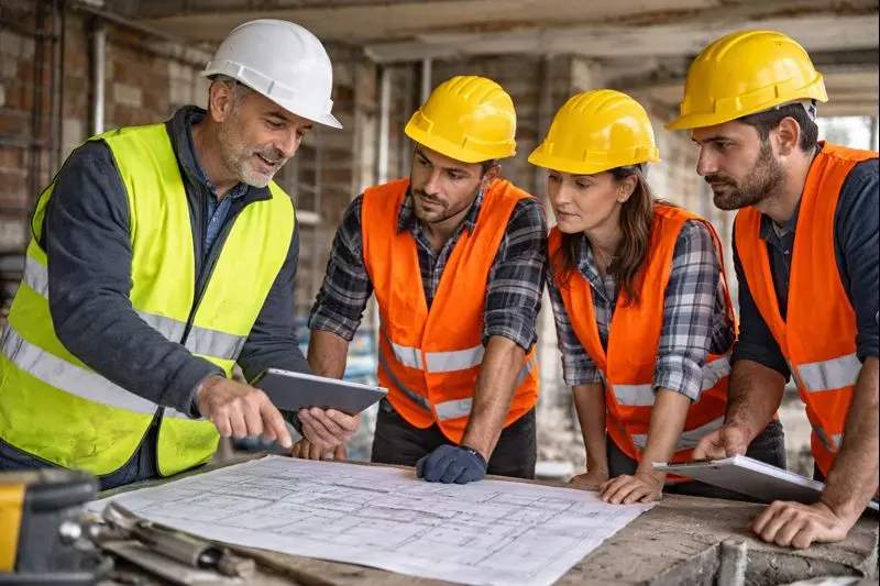 Instructor y alumnos recibiendo formación técnica en una obra de construcción para mejorar la calidad y reducir errores
