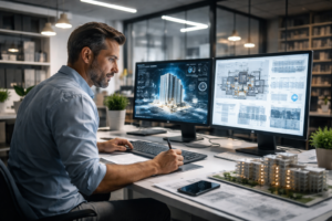 Arquitecto utilizando inteligencia artificial en el diseño y planificación de proyectos de arquitectura y construcción