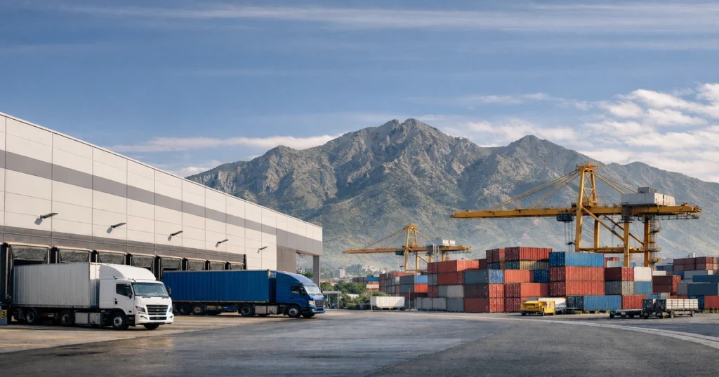 Mercado industrial mexicano en 2026 con naves logísticas, camiones y contenedores tras el ajuste del nearshoring