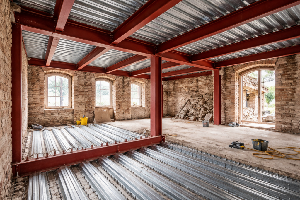 Rehabilitación interior de vivienda unifamiliar con forjado colaborante y vigas de acero con imprimación roja