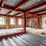 Rehabilitación interior de vivienda unifamiliar con forjado colaborante y vigas de acero con imprimación roja