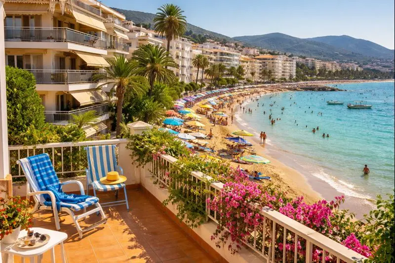 Segunda residencia en la costa española, apartamento con terraza frente al mar, típico de los años 90