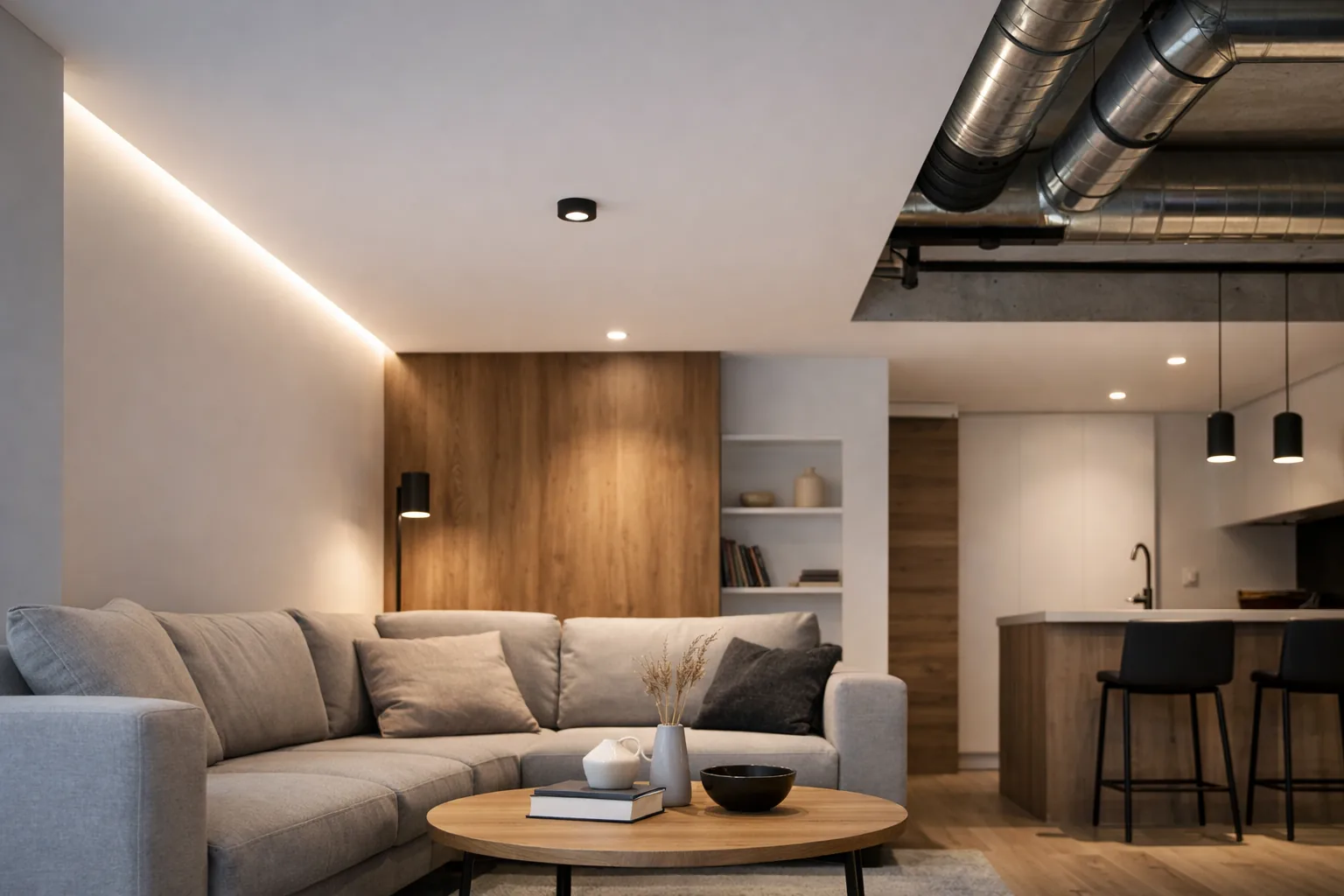 Salón de vivienda moderna con techos más bajos y diseño eficiente