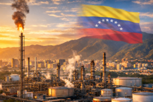 Refinería de petróleo en Venezuela con la bandera venezolana integrada en el cielo