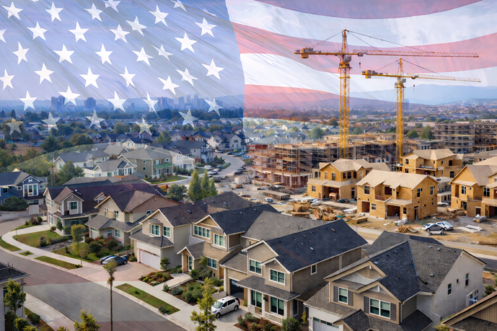 Mercado de la vivienda en Estados Unidos con urbanizaciones y obra nueva bajo la bandera estadounidense