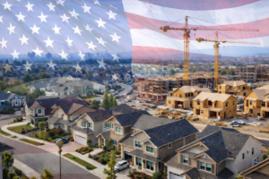 Mercado de la vivienda en Estados Unidos con urbanizaciones y obra nueva bajo la bandera estadounidense